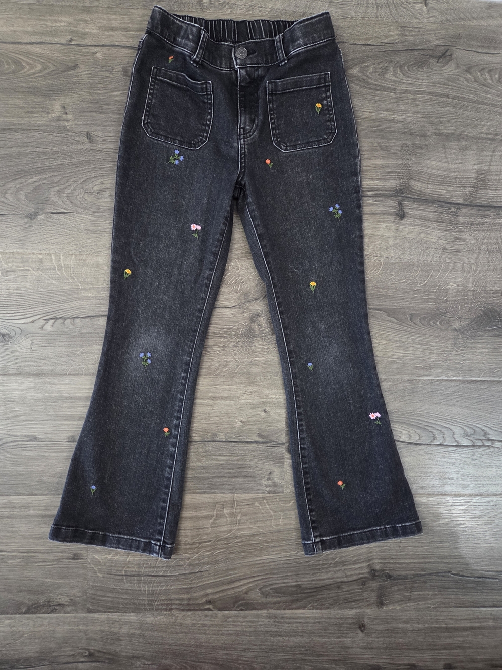 Cat & Jack Black Flared Jeans with Tiny Floral Embroidery Size 10